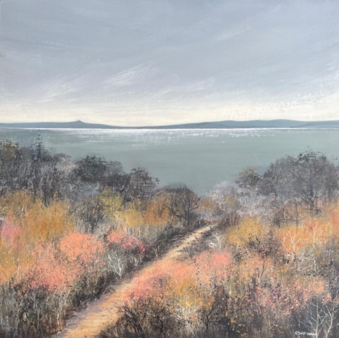 Sea Buckthorn and lots of happy thrushes 60 x 60cm m/m on board SOLD